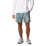 Short de baño para hombre con estampado floral en tonos azules y beige. Confeccionado en tejido de secado rápido, con cintura elástica ajustable y slip interior de malla. Incluye bolsillos laterales y un bolsillo trasero con cierre.