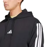 Buzo con capucha Adidas, color negro, con bolsillo canguro frontal y las tres franjas blancas características de la marca a lo largo de las mangas. Presenta el logo Badge of Sport en blanco en el pecho.