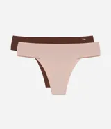 Kit de dos bombachas bikini corte a hilo, una color marrón y otra color piel, con logo de la marca Lov en el frente.