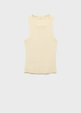 Musculosa de canalé color amarillo pastel, con cuello halter y tirantes anchos.