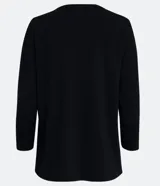 Blusa negra de viscosa con mangas 3/4 y bordado de flores en el escote.