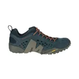 Zapato de senderismo Merrell Intercept color azul marino con detalles en rojo y suela Vibram.