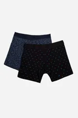 Pack de dos bóxers estampados, uno con diseño geométrico en tonos marrones y cintura elástica negra, y otro con estampado floral en tonos azules y cintura elástica gris.