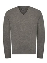 Sweater gris de lana y cashmere con cuello en V, manga larga y calce regular.