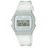 Reloj digital Casio F-91W con caja y correa de resina transparente, pantalla LCD con visualización de hora, fecha y día de la semana, cronómetro, alarma y luz LED.