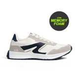 Championes deportivos de hombre, modelo Abrus, con base blanca, detalles en azul marino y superposiciones en gamuza gris claro. Presentan un diseño retro-running con la inscripción "AS" en el talón y tecnología Memory Foam.