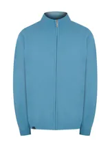 Sweater celeste de punto con cuello alto y cierre frontal completo.