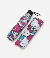 Paraguas plegable con estampado integral de Hello Kitty sobre fondo fucsia. Cuenta con mango regulador, correa de mano y funda de transporte a juego.