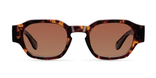 Lentes de sol con montura geométrica de acetato color carey (tortoise) y lentes marrones polarizadas.
