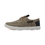 Zapatilla náutica marrón de lona con cordones marrones y suela blanca.