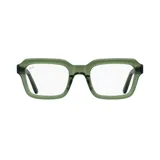 Lentes de receta Indie modelo Tune, con montura rectangular gruesa color verde oliva.