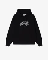 Buzo hoodie negro marca Obey, con bolsillo tipo canguro y estampado blanco con el logo de la marca.