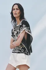 Top de Zara Woman Collection, color negro con apliques de crochet en color crudo. Cuello redondo y manga corta caída. Cierre en la espalda con abertura y botón.