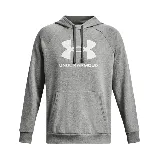 Buzo gris con capucha y cordones negros, con logo de Under Armour estampado en blanco en el pecho.