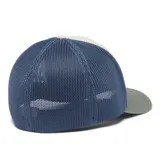Gorra de béisbol Columbia color beige con paneles traseros de malla azul marino y logo de la marca bordado en el frente.