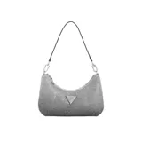 Cartera de mano plateada con textura metálica, correa desmontable y logo triangular metálico en el frente.