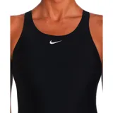 Traje de baño femenino de una pieza color negro, con diseño de espalda rápida y detalles en blanco.