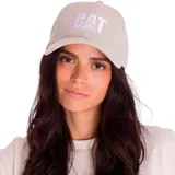 Gorro de gabardina azul con logo CAT bordado en negro en el frente.