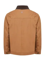 Chaqueta color marrón claro con cuello marrón de pana, cierre frontal con cremallera y broches, dos bolsillos superiores con broches y dos bolsillos inferiores con solapa y broches.