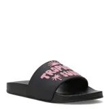 Sandalia de goma color negro con estampado de texto "Tropic Sun" en color rosa.