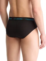 Pack de tres slips negros de algodón elástico con cintura elástica con logo Calvin Klein en colores azul, rosa y gris.