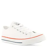 Championes urbanos de lona color blanco con detalles en rojo y azul en la suela.