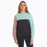 Buzo de mujer con diseño color block en tonos celeste, gris oscuro y rosa. Tiene cuello redondo, mangas largas y logo bordado en el pecho.