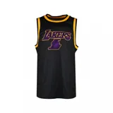 Musculosa de básquet negra con cuello y sisas en amarillo. Estampado frontal con el nombre "Lakers" en violeta y el logo del equipo.