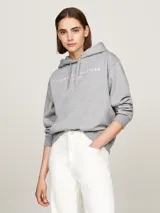 Buzo gris con capucha y cordones ajustables. Logotipo de Tommy Hilfiger bordado en blanco en el pecho y en la manga.