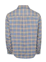 Camisa de franela a cuadros azul, beige y negro, de manga larga con puños abotonados, cuello camisero y cierre frontal con botones de madera. Tiene dos bolsillos de parche con botón en el pecho. Confeccionada en algodón orgánico cepillado.