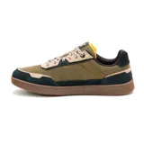 Zapatillas Caterpillar Pause Retro Leather de cuero color verde oliva, con detalles en beige y azul marino.