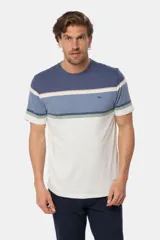 Remera manga corta con diseño a rayas horizontales en tonos beige, azul, verde y salmón.