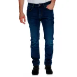 Jeans azul oscuro de corte slim, con tecnología Coolmax para confort térmico y elasticidad.