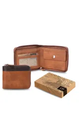Billetera marrón de símil cuero con cierre perimetral, bolsillo interior para monedas, tarjetero interior, división para billetes y bolsillo con cierre.