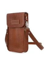 Porta celular negro con textura tipo cocodrilo y correa ajustable.