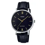Reloj analógico Casio LTPVT01L-1BUDF para mujer, con caja plateada de 35mm de diámetro, esfera negra con agujas y marcadores dorados, y correa de cuero negro. Resistente al agua.