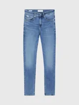 Pantalón de jean skinny celeste con efecto desgastado, tiro bajo, cinco bolsillos y cierre con cremallera.