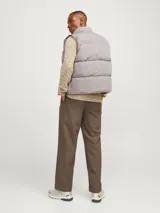Chaleco acolchado sin mangas color gris claro, con cuello alto y cierre de cremallera. Tiene bolsillos frontales y forro de poliéster reciclado, con relleno de poliéster reciclado.