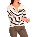 Sweater de punto color crema con rayas horizontales negras, cuello polo con escote en V y mangas largas.