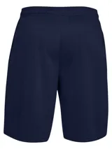 Short deportivo Under Armour Tech Mesh, color azul marino, de corte holgado y largo hasta la rodilla. Presenta un pequeño logo blanco en la pierna izquierda.