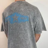 Remera gris con efecto gastado, corte boxy y estampado en la espalda con una estrella azul y texto "White Noise".