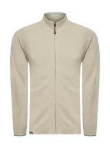 Sweater color beige de punto con cuello alto y cierre frontal completo. Confeccionado en mezcla de algodón orgánico y seda.