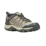 Championes de senderismo Merrell Crosslander 3, color gris con detalles en negro y naranja. Capellada de gamuza y malla transpirable, puntera sintética protectora, plantilla de espuma EVA reciclada, entresuela de espuma EVA liviana y suela de goma adherente.