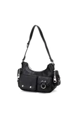 Cartera Las Oreiro color marrón, con múltiples bolsillos frontales con solapa y cierre, y bolsillos laterales con cierre. Tiene una correa ajustable para el hombro.