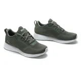 Championes Skechers color verde oliva con cordones, capellada de tejido knit suave, plantilla Skechers Memory Foam y suela blanca de goma flexible.