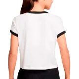 Camiseta de mujer estilo ringer, color blanco con ribetes negros en cuello redondo y mangas cortas. Presenta el logo Nike Futura estampado en negro en el pecho.