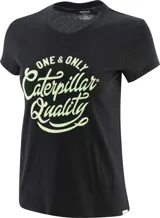 Remera negra de algodón con cuello redondo y mangas cortas. Estampado frontal con el logo de Caterpillar y la frase "One & Only Caterpillar Quality" en color verde claro.