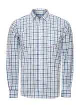 Camisa de hombre RKF modelo Lighter, de manga larga, confeccionada en popelina de algodón orgánico con diseño de cuadros azules y blancos. Tiene bolsillo en el pecho y logo bordado.