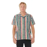 Camisa de manga corta con cuello cubano y estampado de rayas verticales multicolor con motivos geométricos.