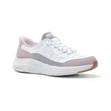 Championes deportivos Skechers Hands Free Slip-ins Contour Foam, color blanco con detalles en gris y rosa. Capellada acolchada con cordones elásticos, plantilla Air-Cooled Memory Foam y entresuela Contour Foam.